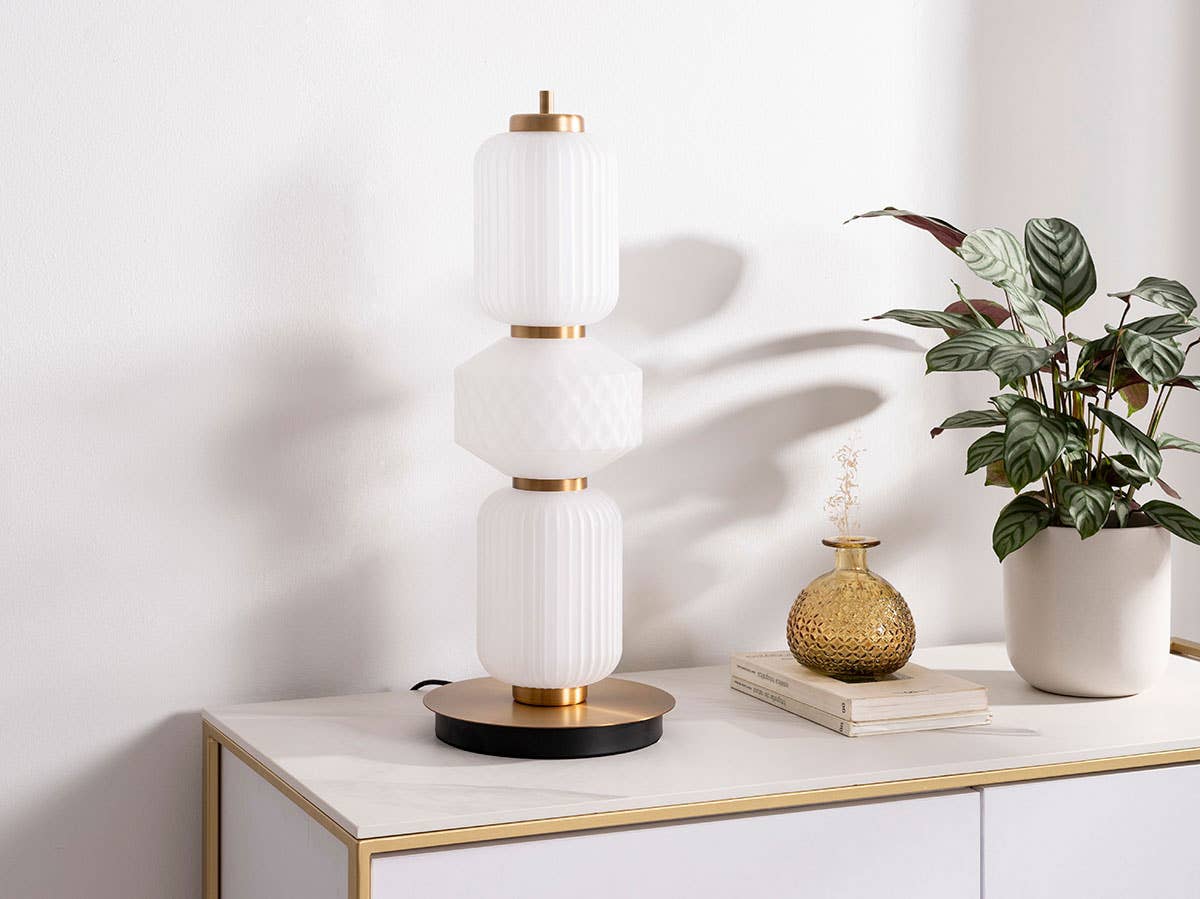 Boheme Table Lamp, Matt White and Gold Carved Glass.