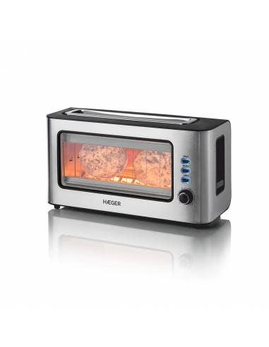 Toaster with Glass Window Haeger Window - 1 Extra Wide Opening, 1000W, 6 Temperatures, Inox