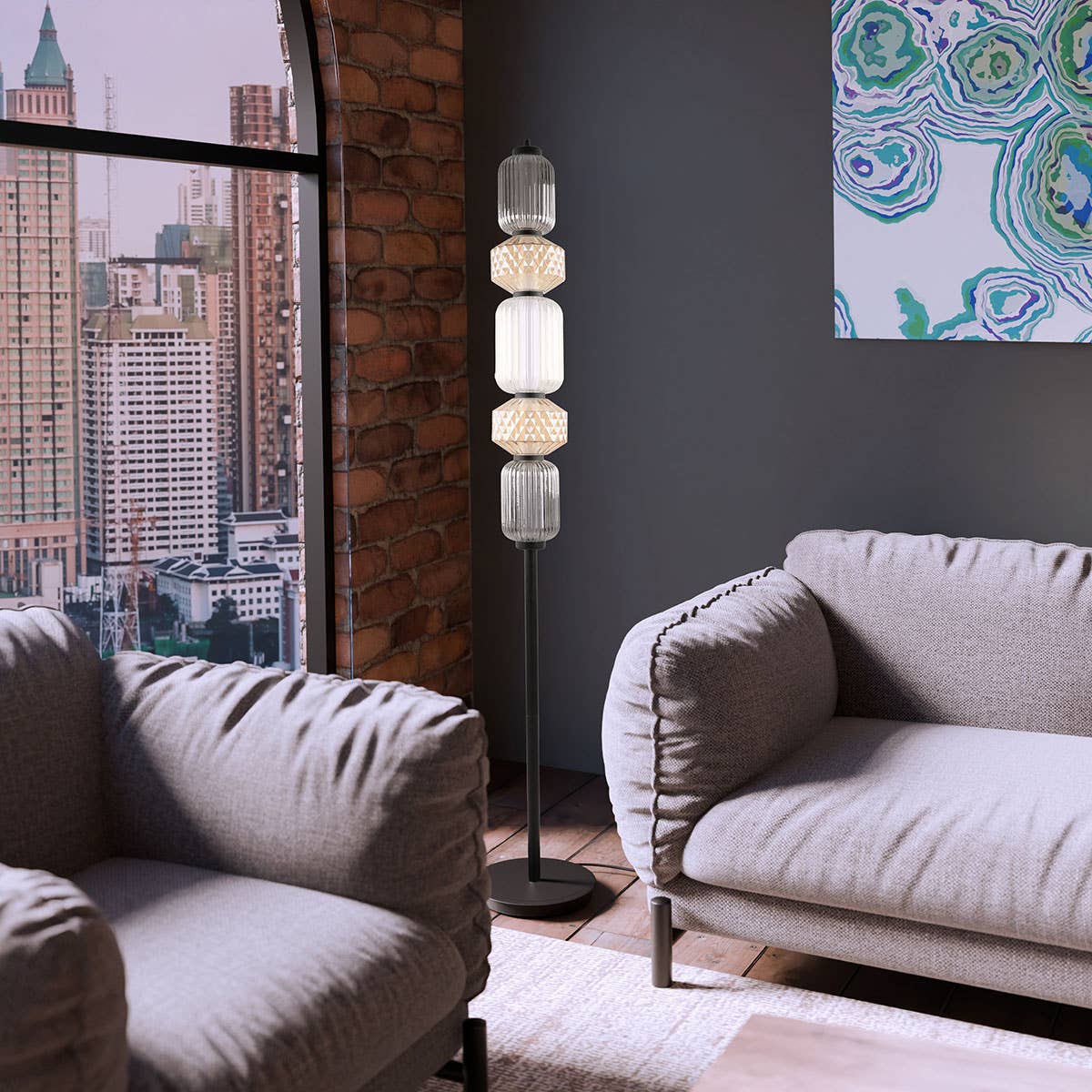 Boheme Floor Lamp, Amber, Transparent and Smoked Carved Glass, Black Base.