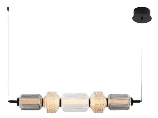 Boheme Ceiling Lamp, Amber, Transparent and Smoked Carved Glass, Black Base.
