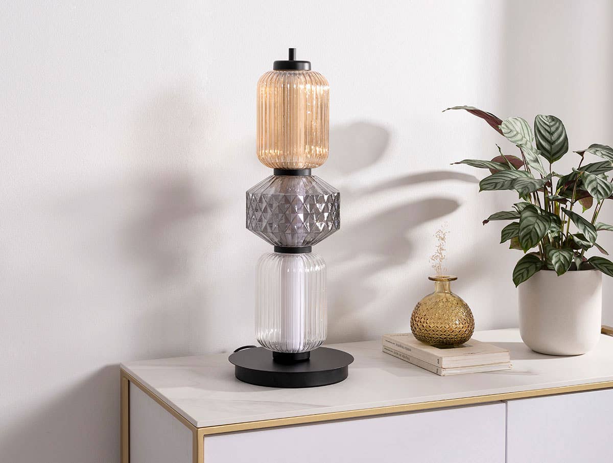 Boheme Table Lamp, Amber, Transparent and Smoked Carved Glass, Black Base.