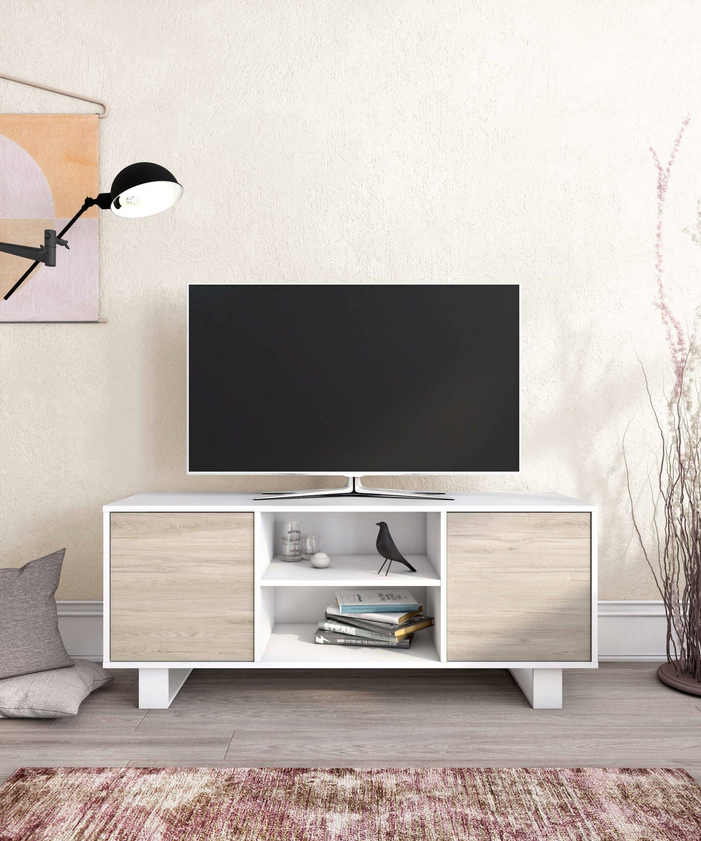 140 Tv Cabinet with 2 Doors, Living Room, Wind Model, Structure Color White, Door Color Oak, Measures 137x40x57cm High.