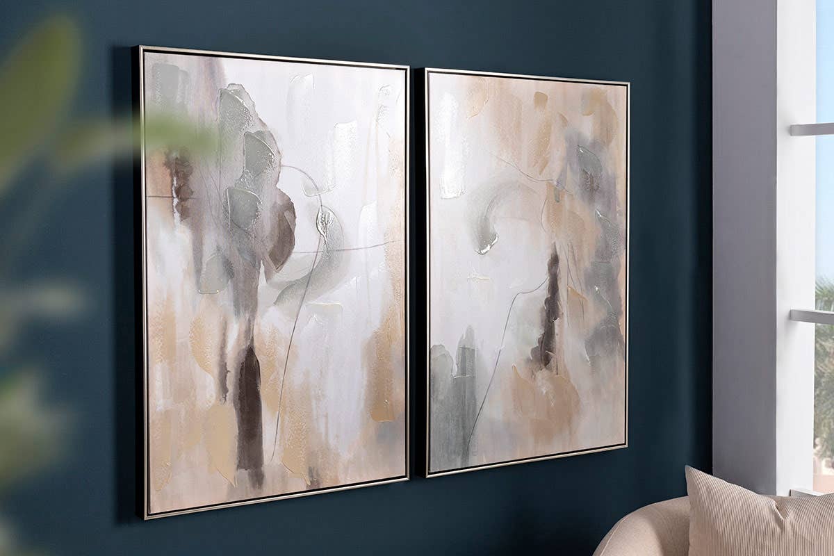 Set of 2 Oil and Printed Canvases with Silver Frame