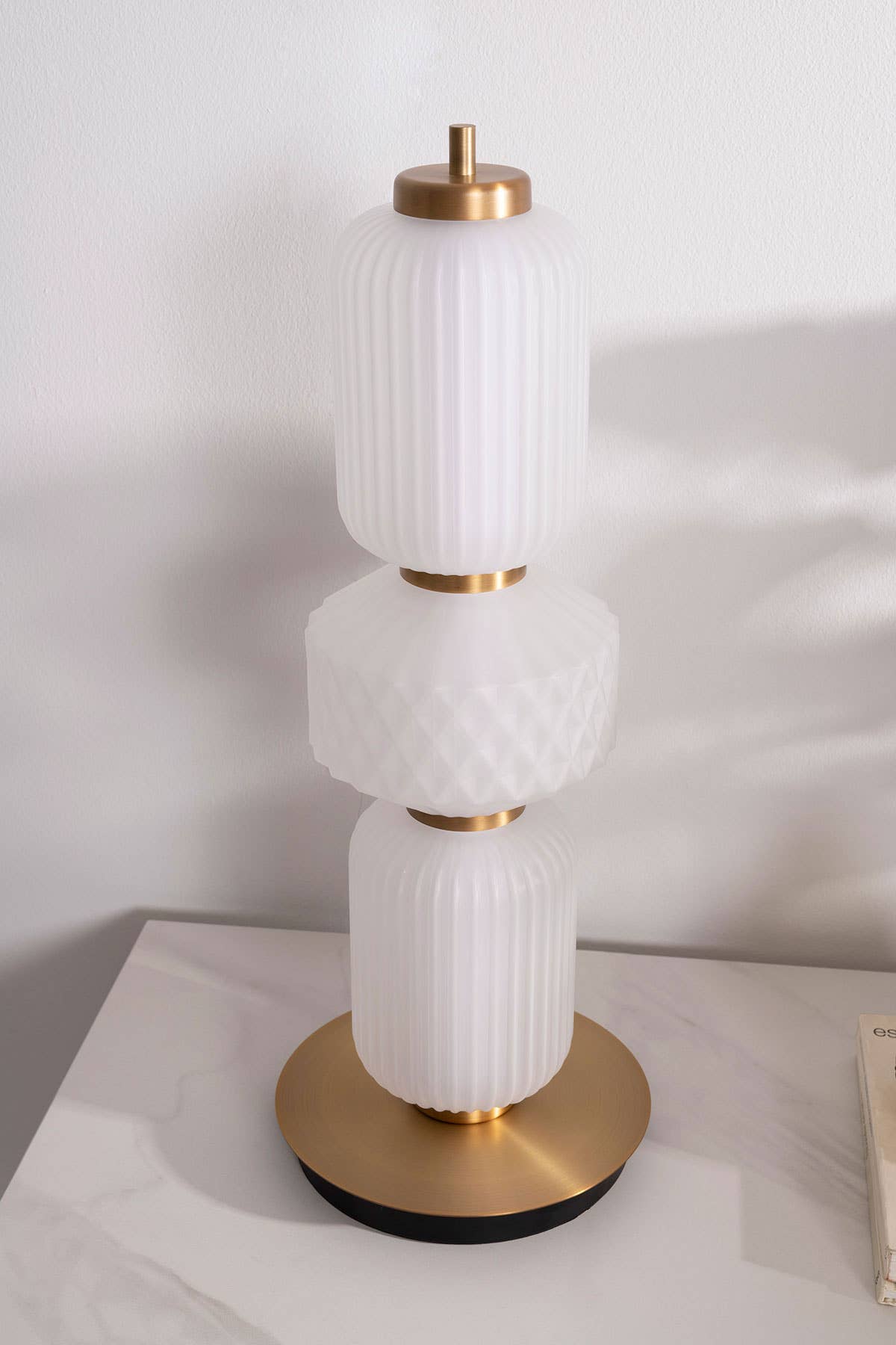 Boheme Table Lamp, Matt White and Gold Carved Glass.