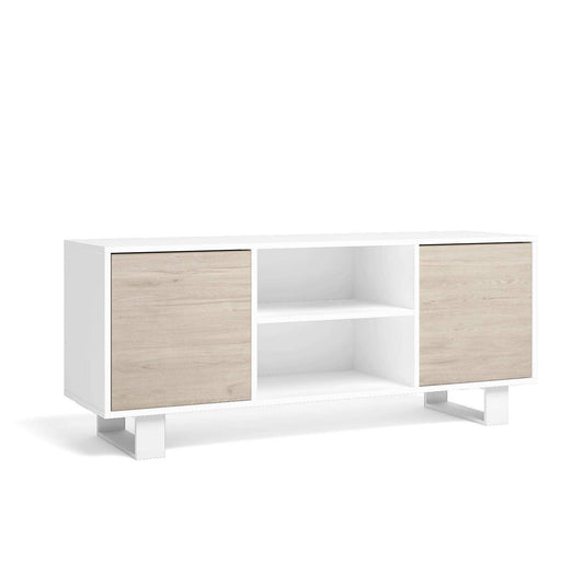 140 Tv Cabinet with 2 Doors, Living Room, Wind Model, Structure Color White, Door Color Oak, Measures 137x40x57cm High.