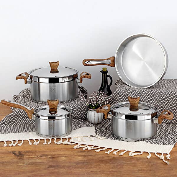 Stainless Steel 7-Piece Cookware Set Wood Handle