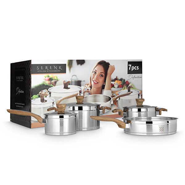 Stainless Steel 7-Piece Cookware Set Wood Handle