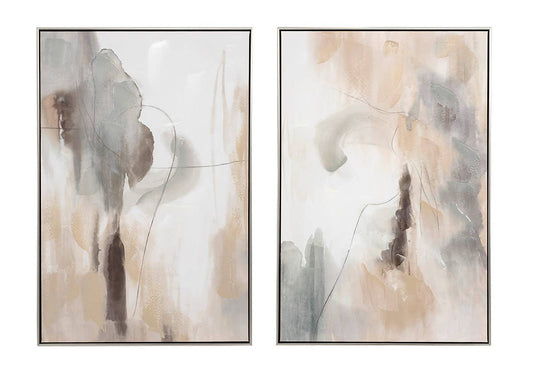 Set of 2 Oil and Printed Canvases with Silver Frame