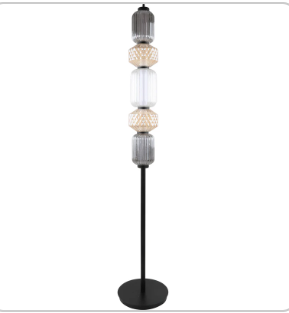 Boheme Floor Lamp, Amber, Transparent and Smoked Carved Glass, Black Base.