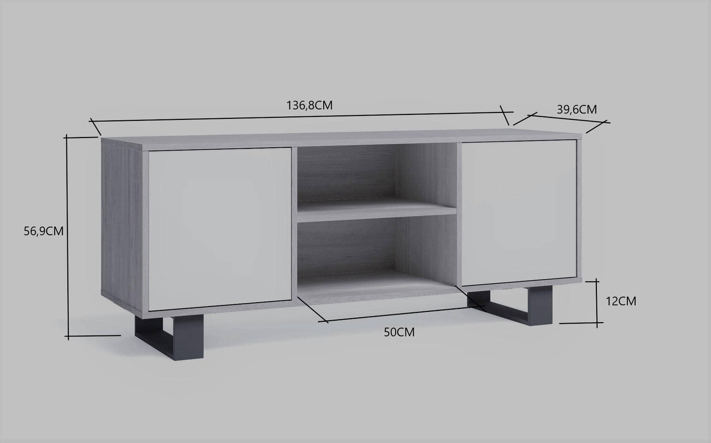 140 Tv Cabinet with 2 Doors, Living Room, Wind Model, Structure Color White, Door Color Oak, Measures 137x40x57cm High.