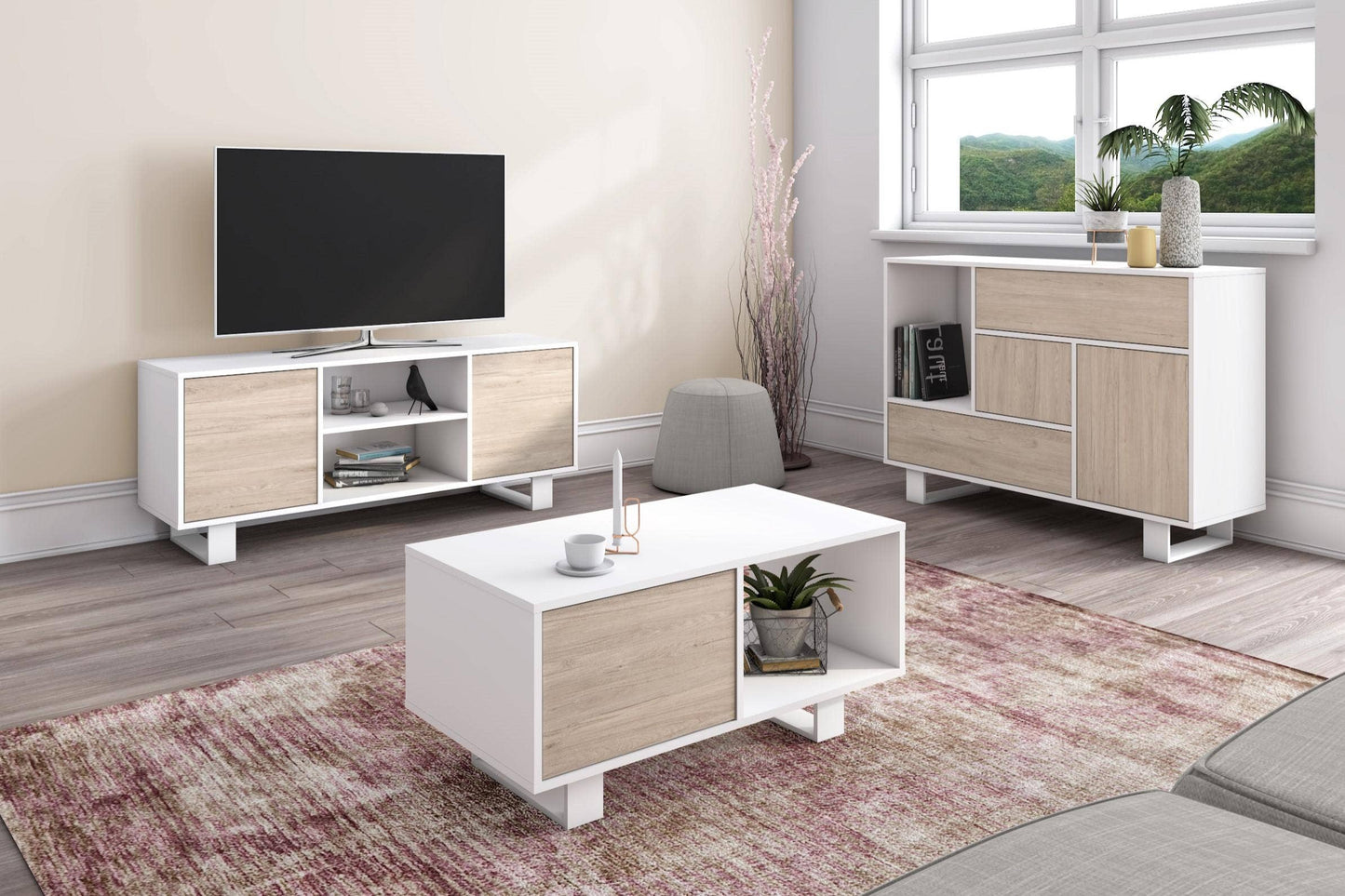 140 Tv Cabinet with 2 Doors, Living Room, Wind Model, Structure Color White, Door Color Oak, Measures 137x40x57cm High.