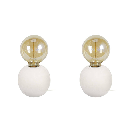 Ivory White Wood Globe Bedside Lamp - Set for 2