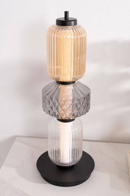 Boheme Table Lamp, Amber, Transparent and Smoked Carved Glass, Black Base.