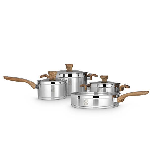 Stainless Steel 7-Piece Cookware Set Wood Handle