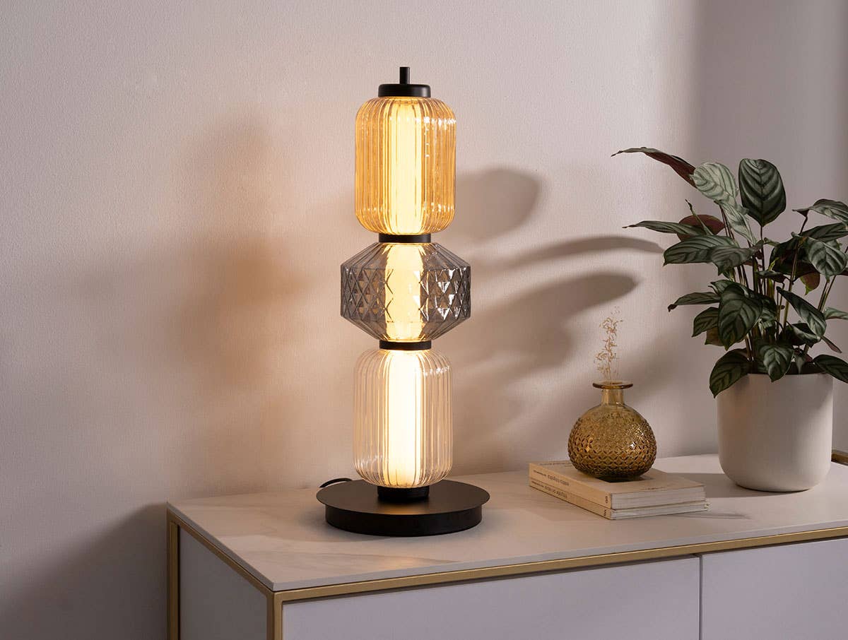 Boheme Table Lamp, Amber, Transparent and Smoked Carved Glass, Black Base.