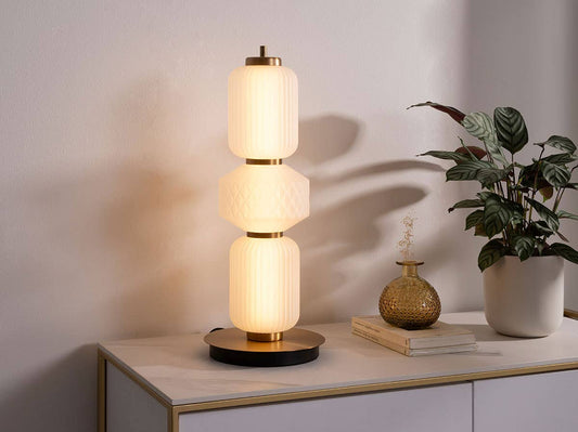 Boheme Table Lamp, Matt White and Gold Carved Glass.