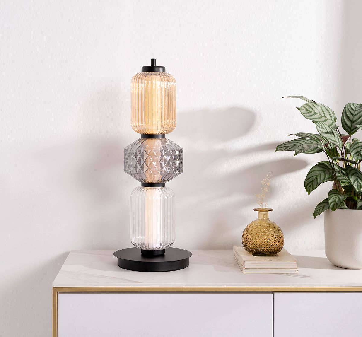 Boheme Table Lamp, Amber, Transparent and Smoked Carved Glass, Black Base.