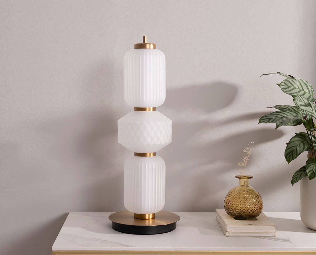 Boheme Table Lamp, Matt White and Gold Carved Glass.