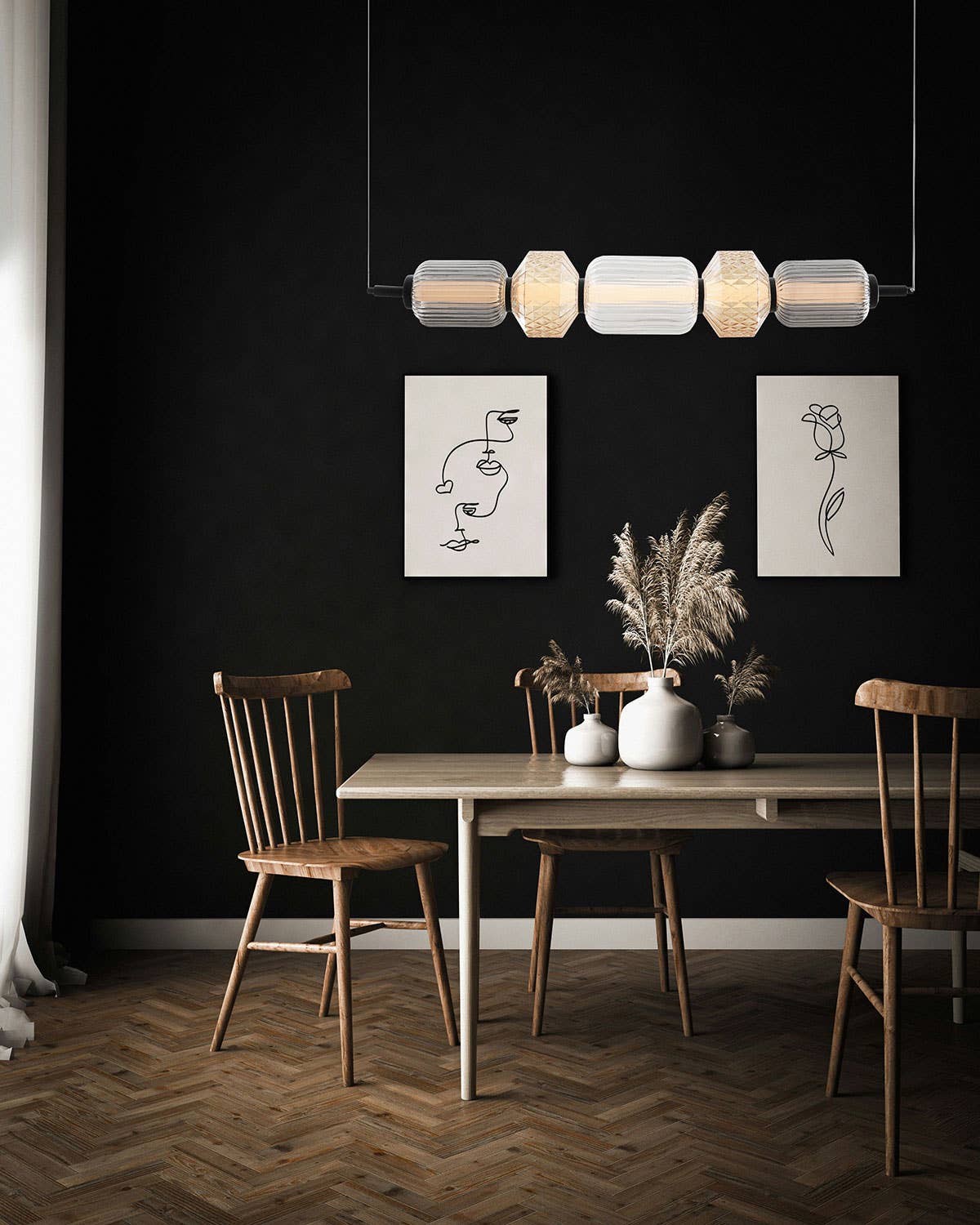 Boheme Ceiling Lamp, Amber, Transparent and Smoked Carved Glass, Black Base.